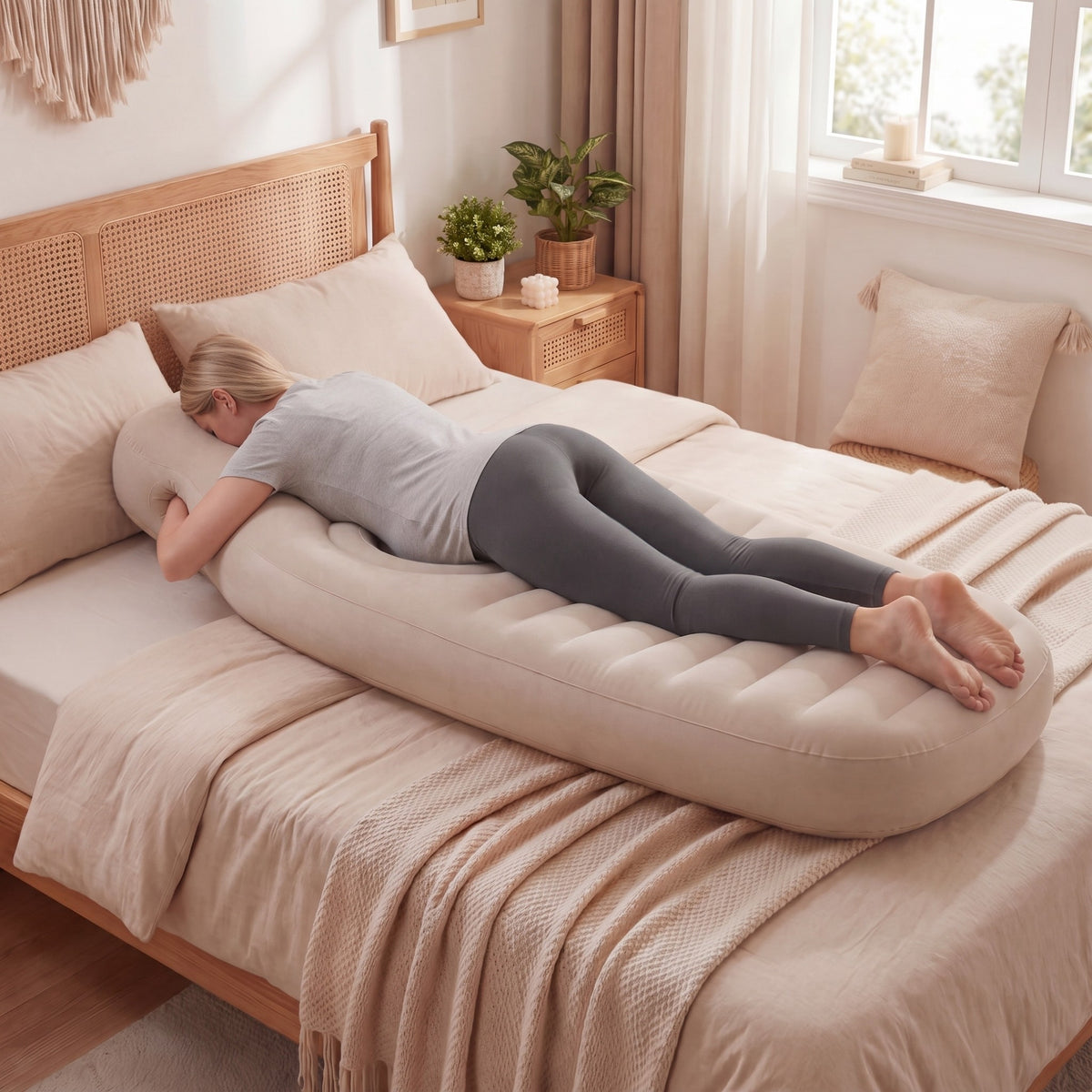 Kobieta w ciąży leży na brzuchu na Gravity Nest w łóżku